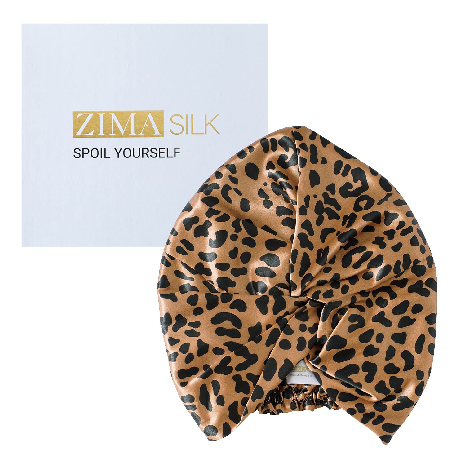 ZIMASILK 22 Momme 100% Mulberry Silk Bonnet for Sleeping & Women Hair Care, Shower Cap, Highest Grade 6A Silk hair wrap for sleeping with Premium Elastic Stay On Head (1Pc, Leopard Black/Golden)