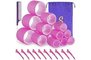 Self grip hair roller set,18 pcs,Hair rollers with hair roller clips and comb,Salon hairdressing curlers,DIY Hair Styles, Sungenol 3 Sizes Rose red Hair Rollers in 1 set