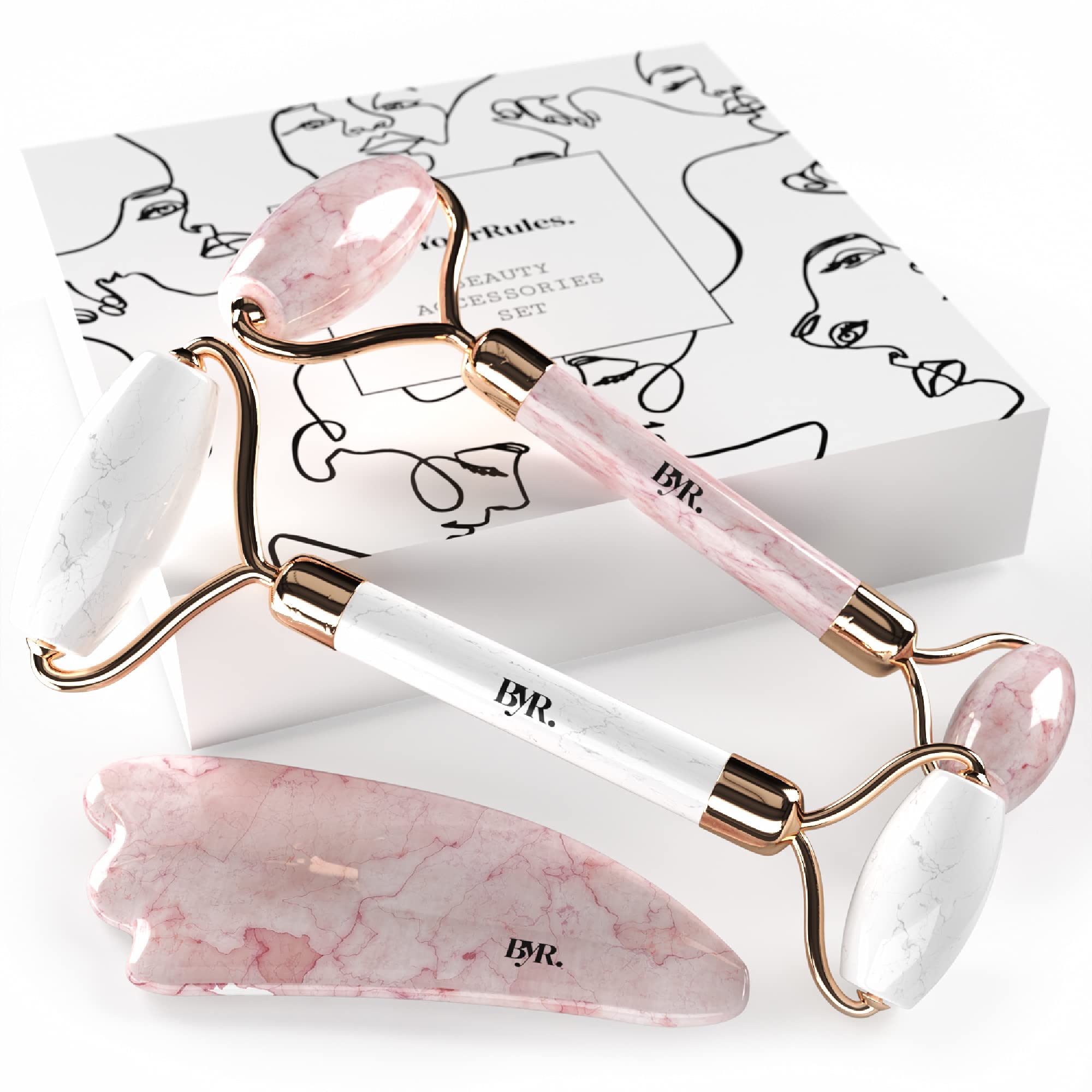 BYR Jade Roller and Gua Sha Set - Rose Quartz & Jade Facial Tools for Women - Face Massager & Sculptor - Made in Germany