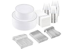 I00000 350Pcs Silver Plastic Dinnerware Set, Plastic Plates Disposable for 50 Guests Include: 100 Silver Rim Plates, 50 Paper Napkins, 50 Cups, 50 Plastic Silverware Set Perfect for Party & Wedding