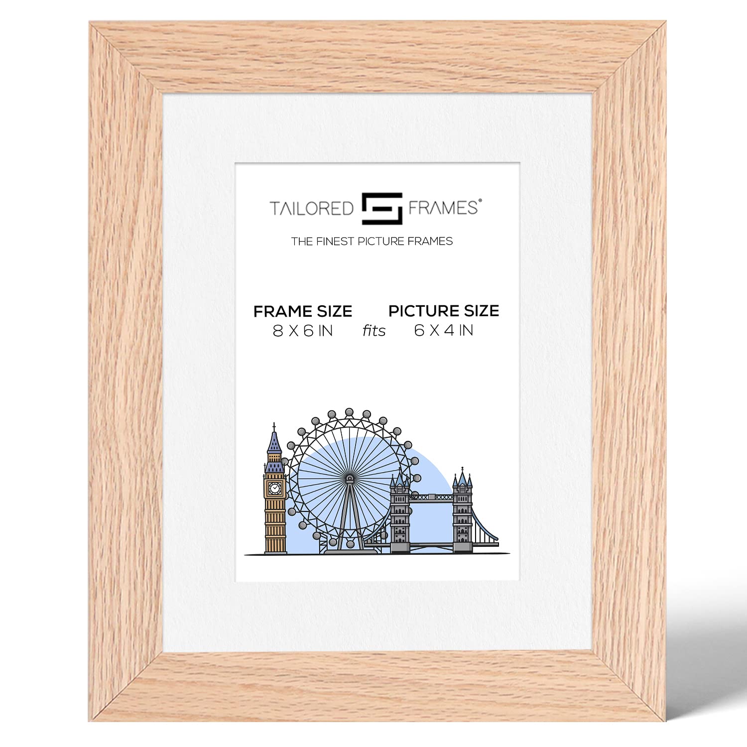 Tailored Frames 99 Solid Natural Oak 8" x 6" Frame for 6" x 4" Picture | Single Picture Frames | Table Top & Wall Hanging Type | Photo Frame with White Mount