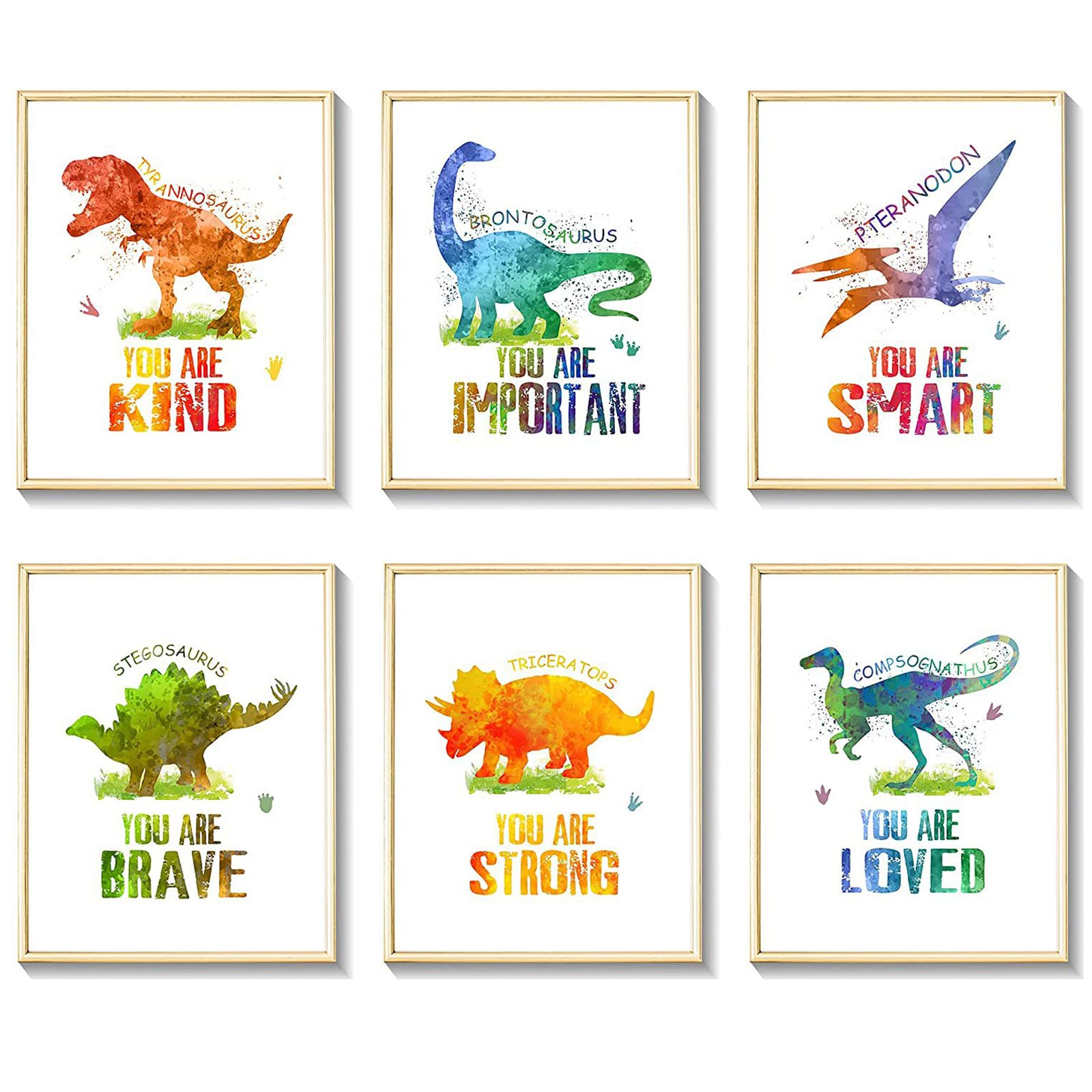 Carreuty 6PCS Dinosaur Wall Art Posters, Watercolor Dinosaur Prints Set for Boys Bedroom 21 x 25 CM Unframed Motivational Quote Home Decoration Photo for Kids Nursery Playroom Decor