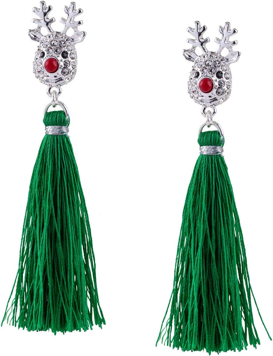 1 pc. of Ladies earrings, statement earrings, tassel, Rudolf, reindeer, red nose, rhinestones, silver, green, red (778-769)