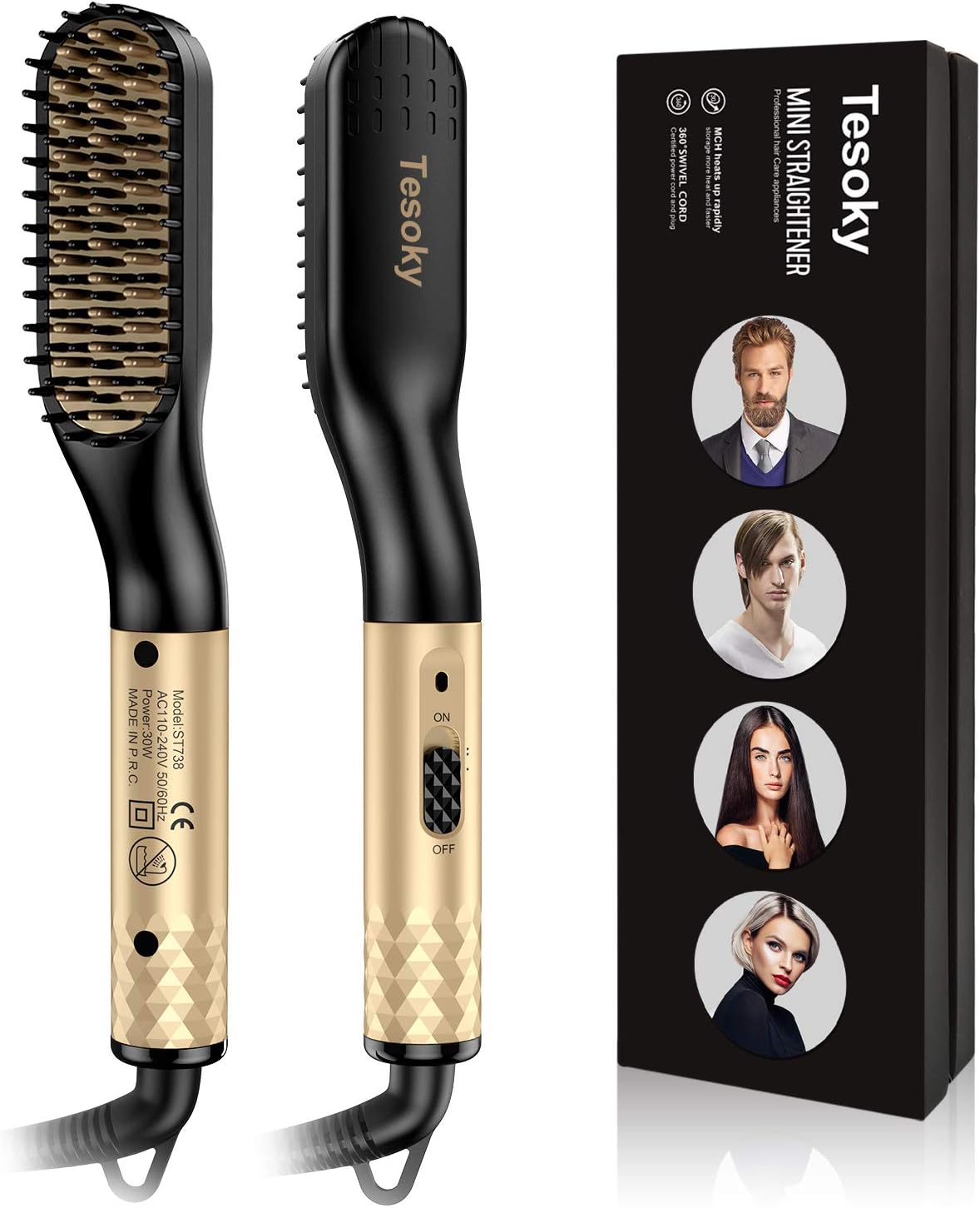 Beard Straightener Brush Comb, Tesoky Hair Straightening Brush Beard Straightening Comb Fast Heated Electric Hot Hair Brush Multifunctional Hair Styler Shaping Tools for Men and Women (Gold)