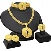 BOGEEL 4 Pieces/kit 24K Gold Plated Dubai Necklace Earrings Ring Bracelet Set Indian Bridal Jewelry for Wedding Party Birthday Gift
