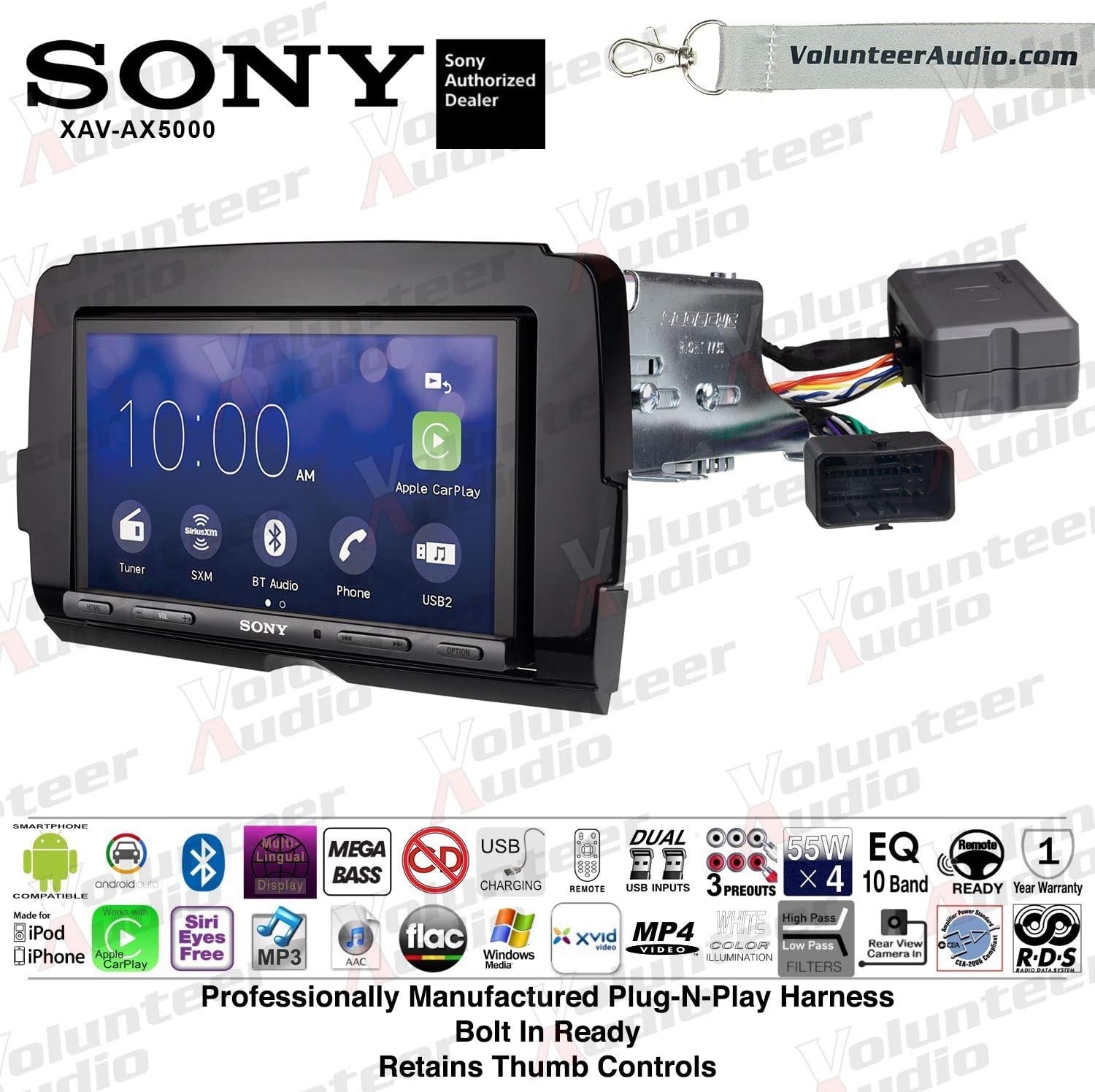 Sony XAV-AX5000 Double Din Radio Install Kit With Apple CarPlay, Android Auto, Sirius XM, Bluetooth For 2014-2017 Harley Davidson Motorcycles, May Not Work With CVO Models