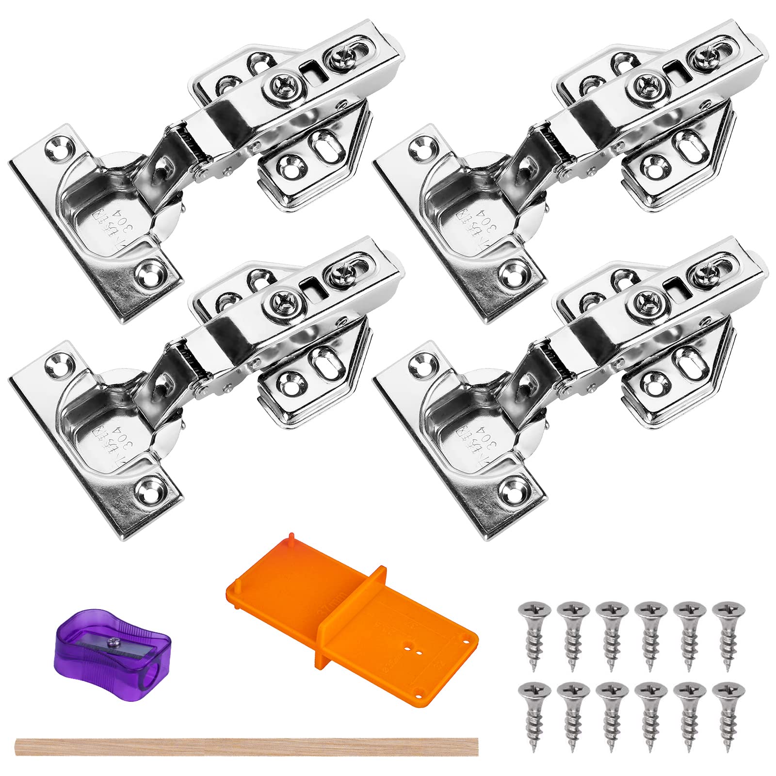 Xingrun 4 Pcs Soft Close Cupboard Hinges 35mm Kitchen Cabinet Wardrobe Door Plate Hinges 105 Degree Stainless Steel Concealed Inset Hinges with Screws and Drilling Template (Full Overlay)