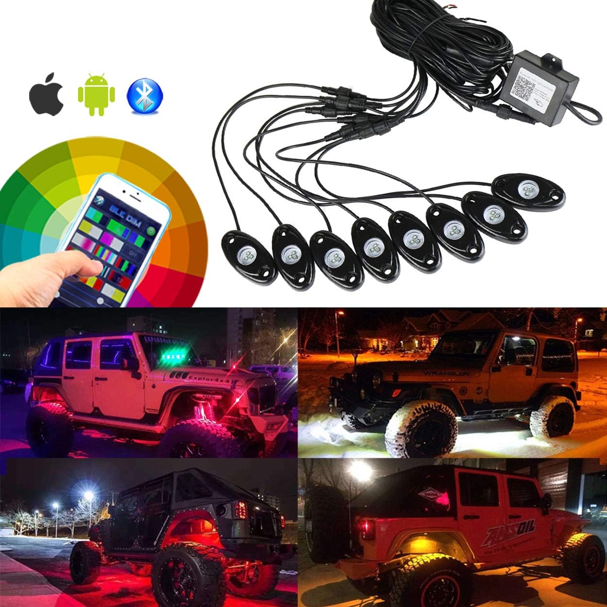ALLINONEPARTS Rock Lights RGB LED Bluetooth Control Cell Phone Timing Music Mode Flashing Automatic Grad Multi Color Neon Under Truck SUV ATV Motorcycle Jeep(8 pcs) (Upgrade Style)
