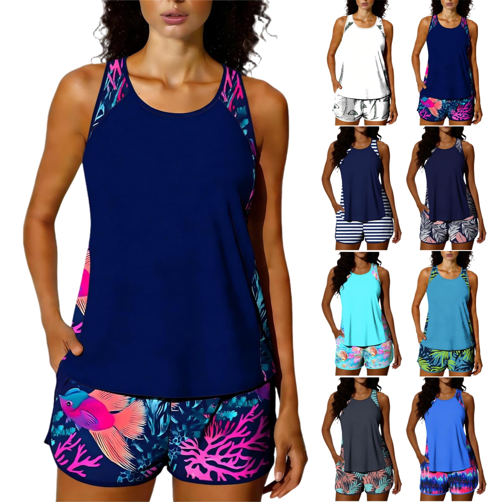 Women's Tankini Swimsuits Tummy Control 2 Piece Bathing Suits with Floral Boy Shorts Boho Beach Tankini Swimsuits