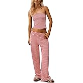 MSBESYOR Women Sailor Tube Top Set 2 Piece Outfits Striped Strapless Bandeau Low Waist Wide-Leg Pants Lounge Sets