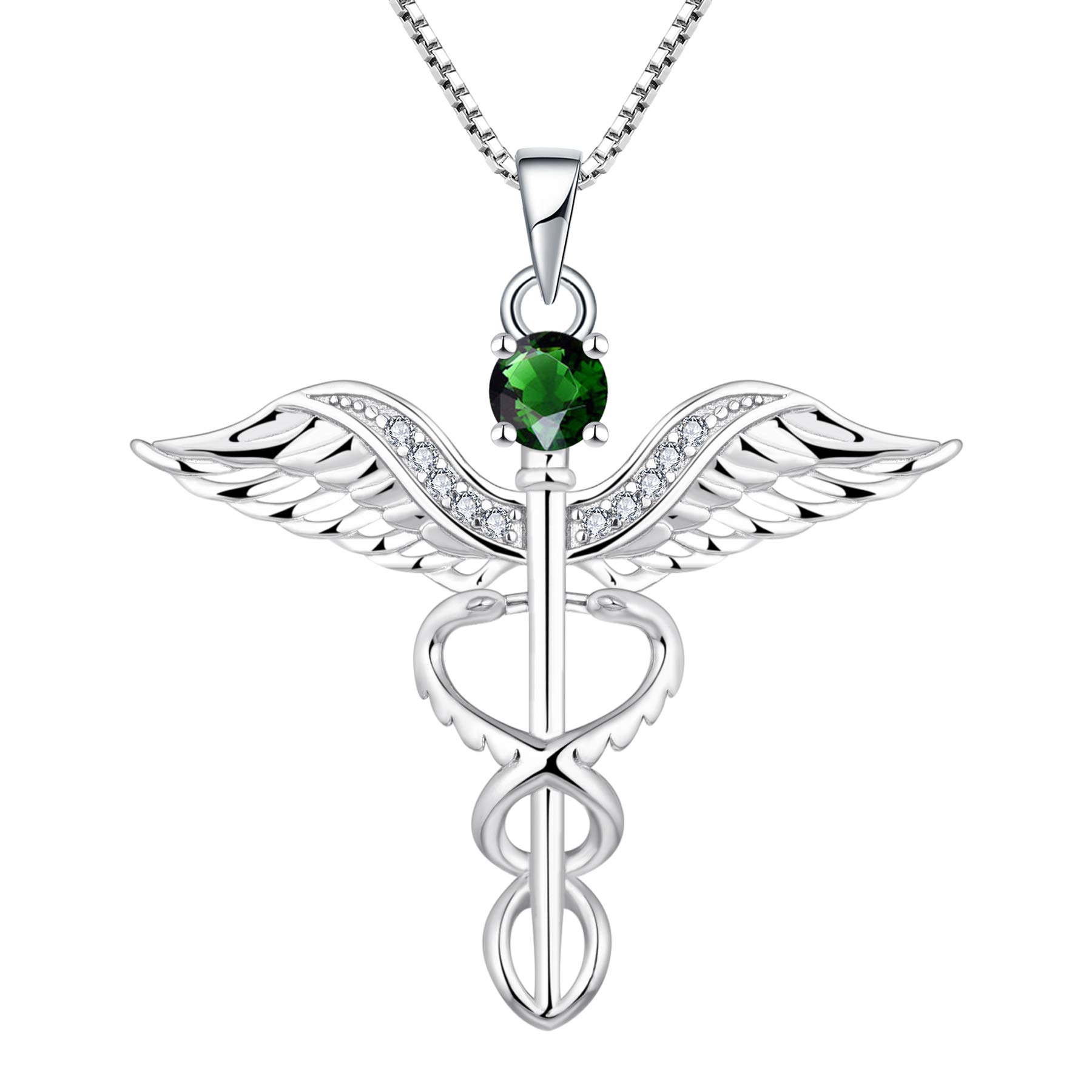 YL Nurse Necklace 925 Sterling Silver cut May Birthstone Green Cubic Zirconia Angel Wings Caduceus RN Registered Pendant Necklace