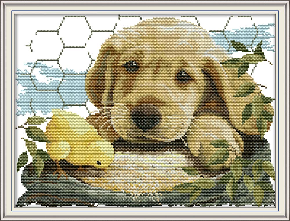 WOWDECOR Cross Stitch Embroidery Kits for Adults Kids, Puppy Dog Yellow Chicken Animals 11CT Stamped DIY DMC Needlework Easy Beginners