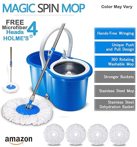 HOLMES Easy Magic Bucket Spin Mop Double Drive Hand Pressure With 4 Microfiber Mop Head With Soap Dispenser/Color May Vary