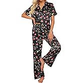 Ekouaer Silk Pajamas for Womens Set 2 Piece Satin Pjs Soft Button Down Sleepwear Wide Leg Long Pants with Pockets