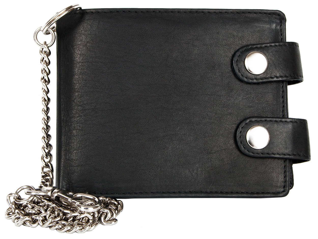 FLW Men's Spacecious Black Biker's Genuine Leather Wallet with 50 Cm Long Metal Chain