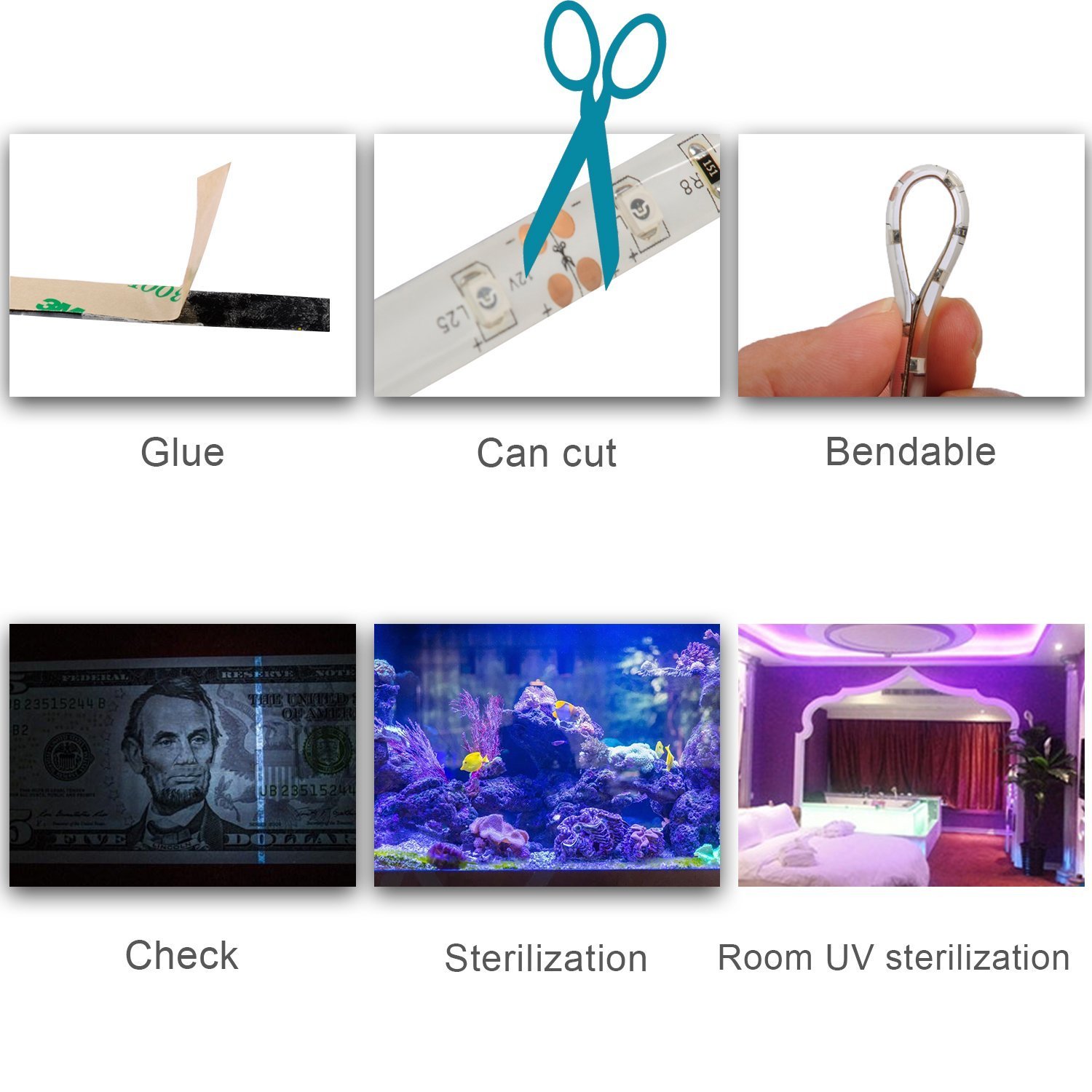 Wasserdichter UV Schwarzlicht LED Streifen 5 Meter mit 300 Stück 3528 UV-SMD, 12V Netzteil und IP65 Zertifizierung. Lichterkette / Lichtstreifen [Energieklasse A+]