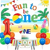 Balterever Beach Ball Theme 1st Birthday Party Decoration Summer Beach Birthday Party Supplies with Fun to Be One Beach Birthday Backdrop, Cake Topper and High Chair Banner for Swimming Pool Party