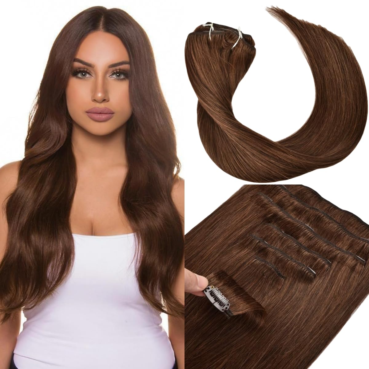 Kun Na Remy Human Clip in Hair Extensions 14 inch Real Human Hair Straight Full Head for Women 7Pcs 16Clips 120g/pack Medium Brown Long Straight Hair Weft