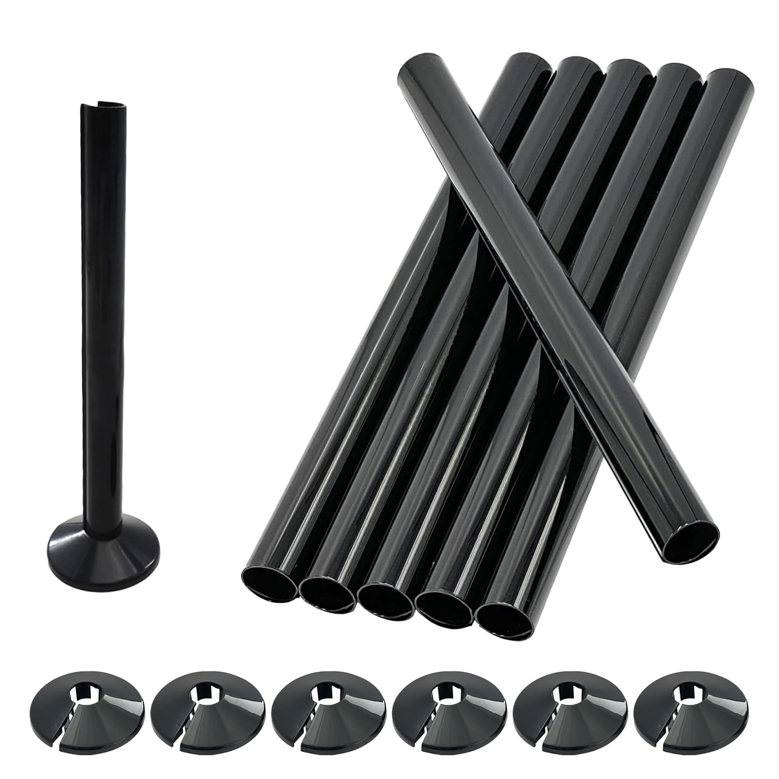 Black Radiator Pipe Covers and Collars, 6 Pieces 200mm x 15mm Pipe Covers, 6 Pieces 15mm Pipe Collars