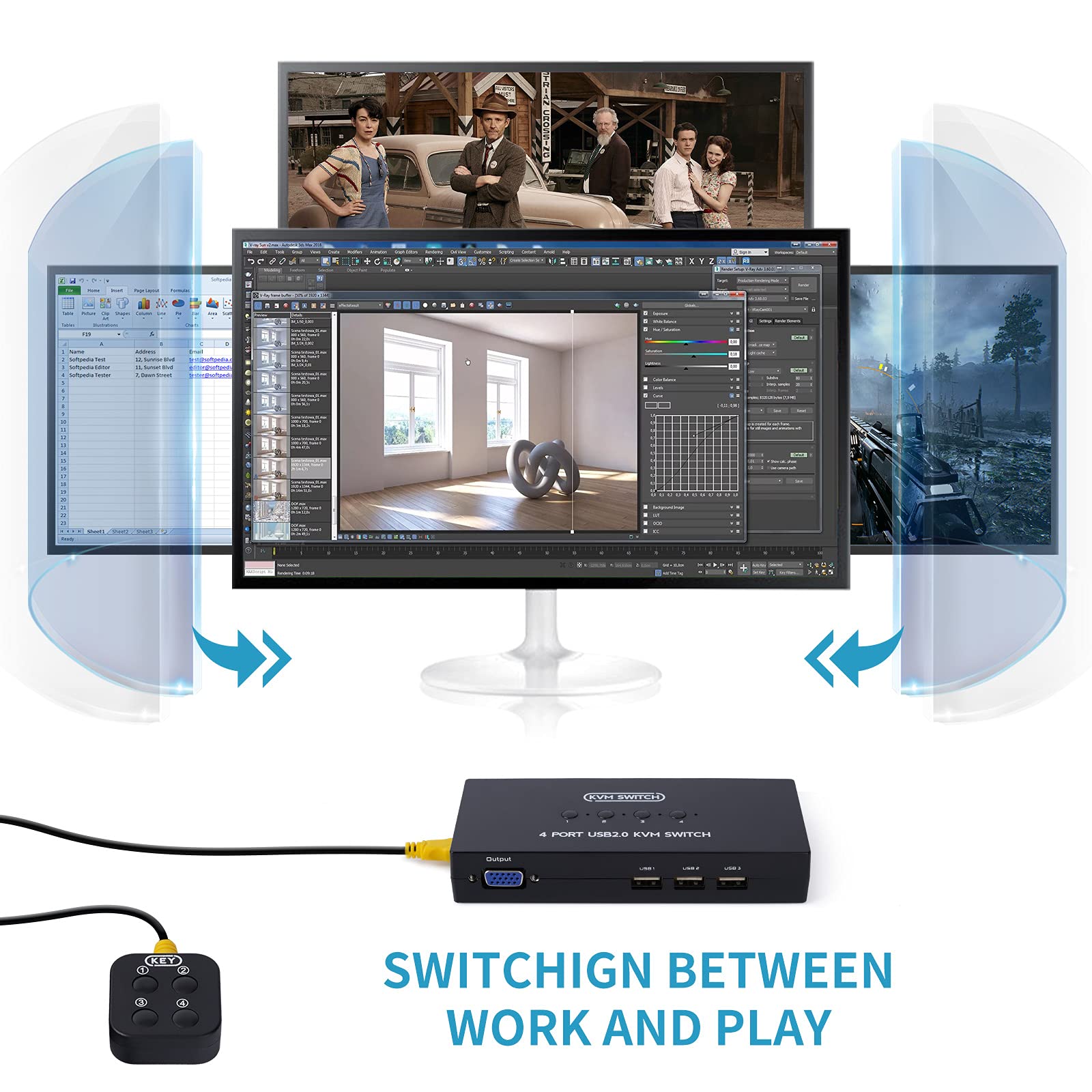 VGA KVM Switch 4 Port, USB VGA KVM Switcher for 4 Computers Share 1 Monitor 3 USB Devices Keyboard Mouse Scanner Printer, Including 4 KVM Cables & Desktop Control