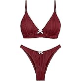 seamoly Womens Bikini Set Sexy Thong Swimsuit Cheeky Bowknot Lace Trim Push Up Bathing Suit Padded Ribbed Two Piece Swimwear