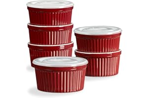 ONEMORE Ramekins with Lids, 8 oz Creme Brulee Souffle Dishes Oven Safe Ceramic Pudding Cups with Silicone Covers Stackable Custard Cups Set of 6 for Baking - Red