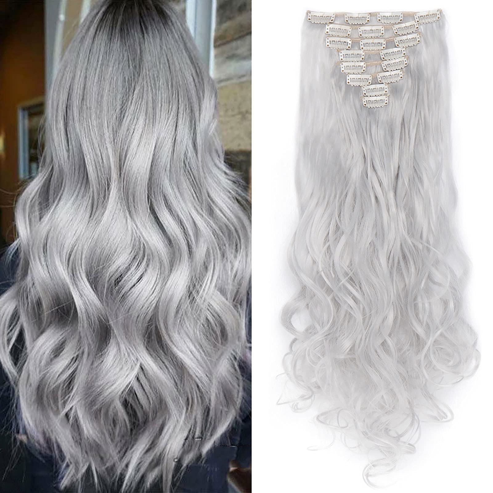 Real Fashion Extensions Clip in Hair Extension Long Curly Wavy 8 Pcs Full Head 18 Clips Synthetic Heat Resistant Hairpiece 24 Inches Curly Silver Gray