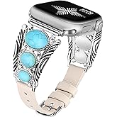 Minyee Leather Band Compatible with Apple Watch Band Women 42/46/38/40/41/44/45/49mm, Boho Western Turquoise Vintage Cowboy Retro Adjustable Strap for iWatch Series 11 10 9 SE 8 7 6 5 4 3 2 1 Ultra