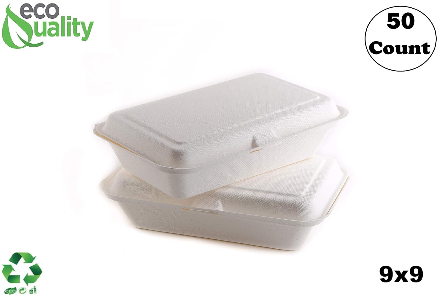 Biodegradable 9x9 Take Out Food Containers with Clamshell Hinged Lid 50