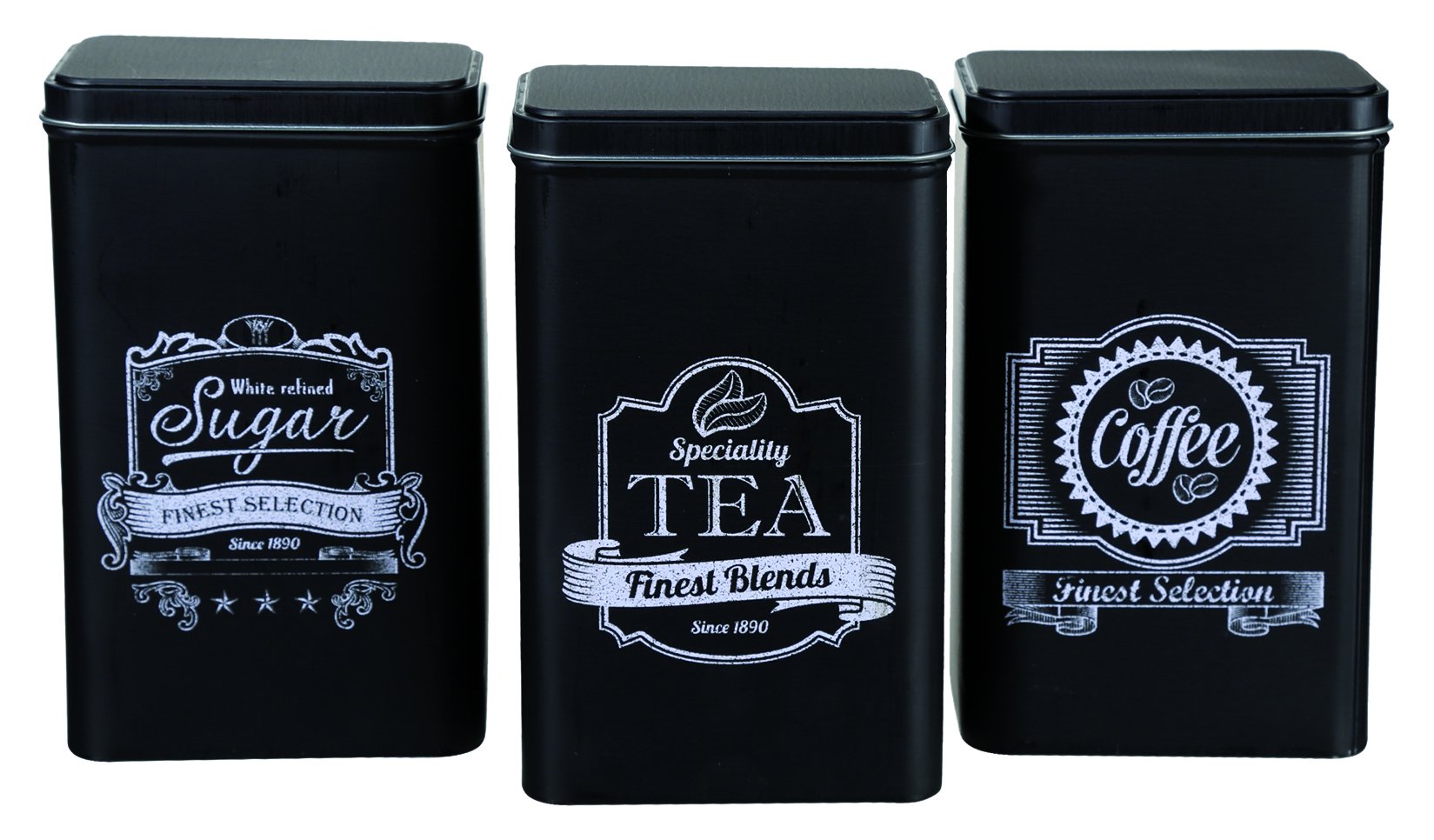 Out of the Blue Finest Selection Coffee Tea Sugar Rectangular Tin, Black, Pack of 3