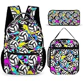 Volleyball Backpack with Lunch Box & Pencil Case, 16 Inch Cool Volleyball Themed Bookbag, Adjustable Durable Lightweight Large Capacity, Colorful Volleyball Backpack Set for Kids Girls Boys School