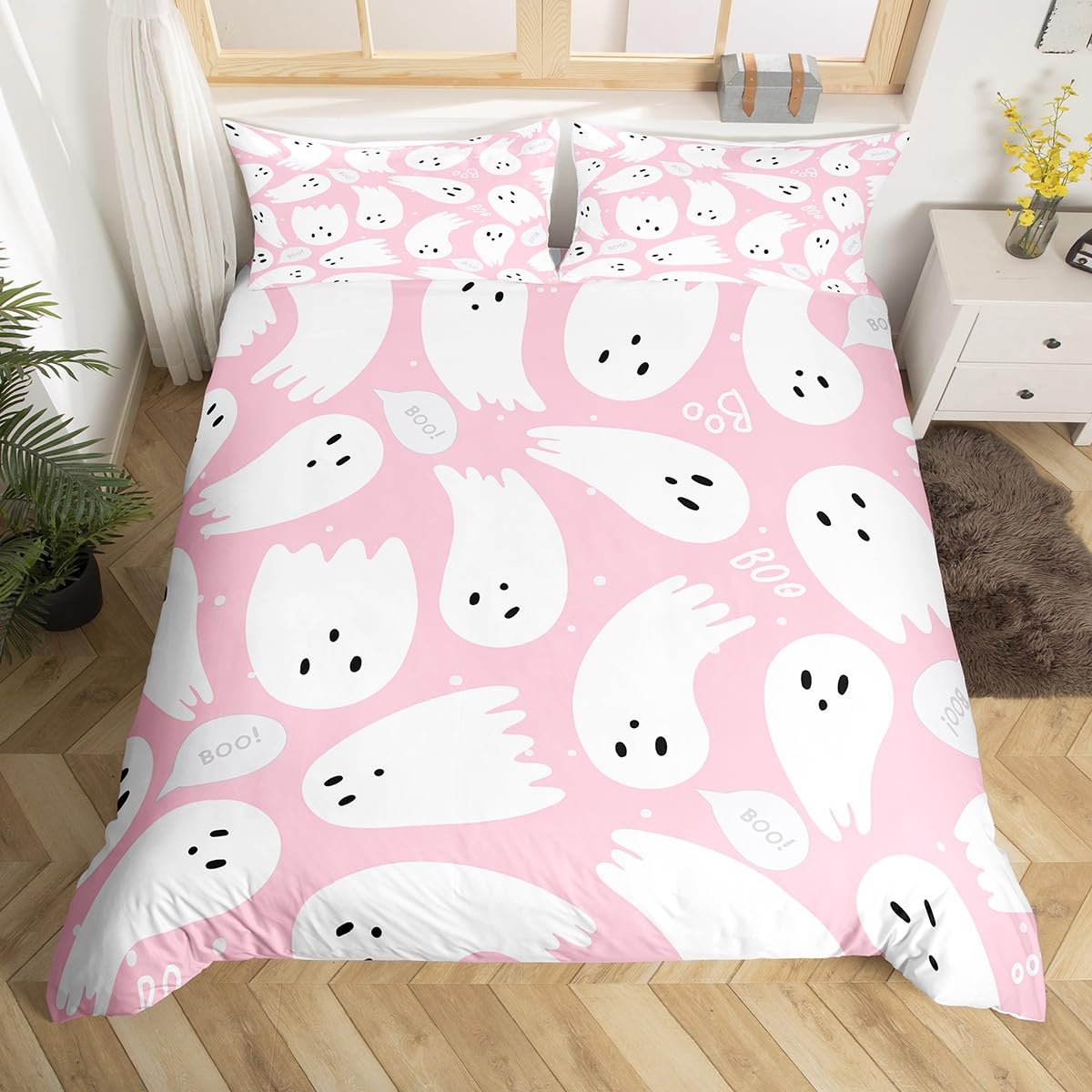 Halloween Duvet Cover Set Cartoon Ghost Bedding Set for Kids Boys Girls Kawaii Cute Comforter Cover Set Microfiber Pink Bedspread Cover Bedroom Bedclothes King