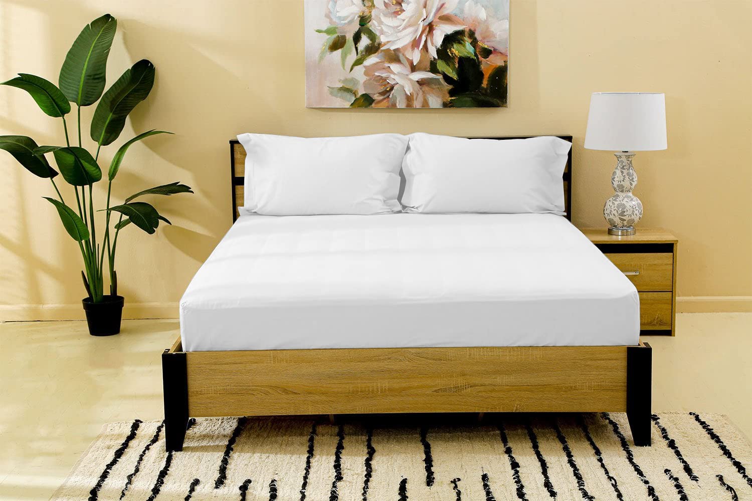 Seventhstitch 30cm Extra Deep Double Bed Fitted Sheet 100% Egyptian Cotton Bedsheet 600 Thread Count Fade Resistant Bottom Grey White Bed Sheets (White, Double), MH123