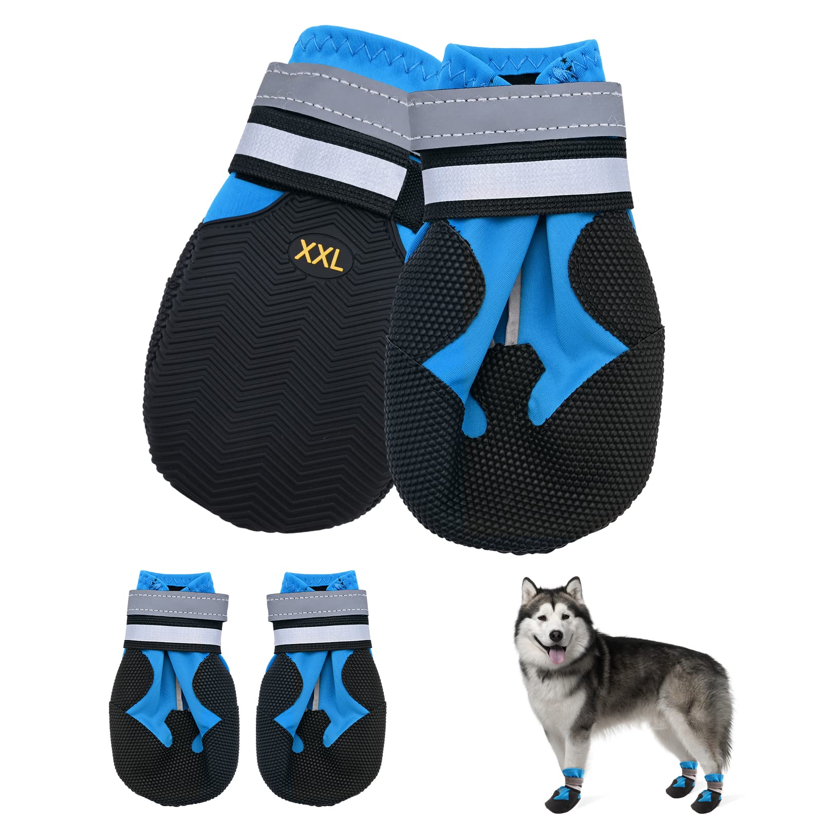 Dog Boots, Set of 4 Waterproof Dog Shoes with Reflective Straps Anti-Slip Sole Outdoor Paw Protectors Puppy Shoes for Small Medium Dogs Autumn Winter (Blue, XXL)