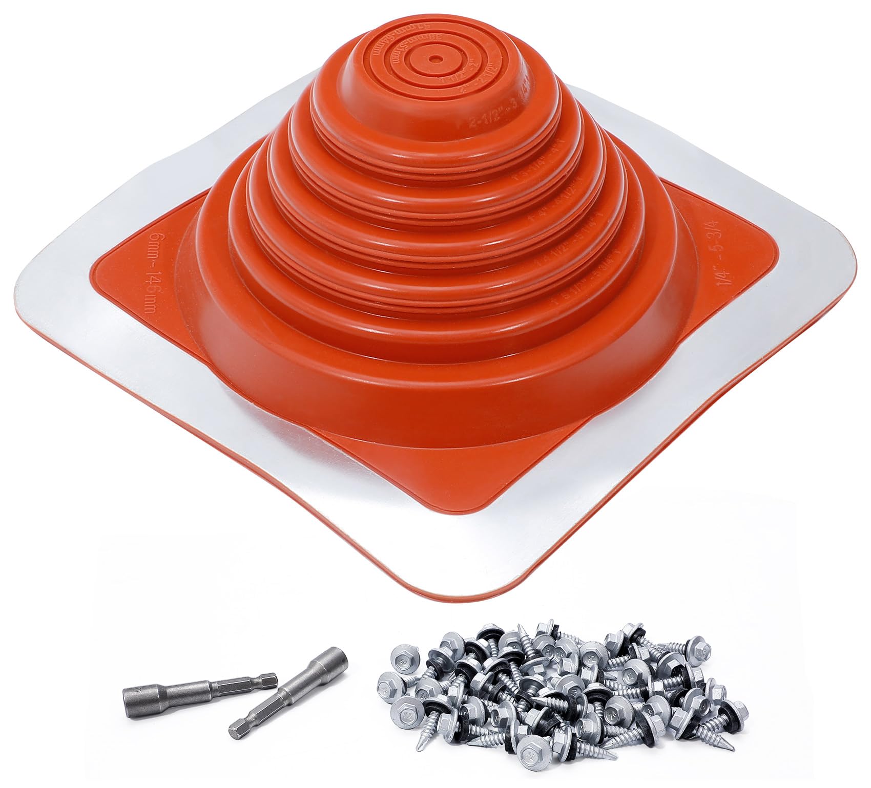 View 1 of #3 Metal Roof Pipe Flashing, Metal Roofing Pipe Flashing Boot Fits Pipe OD 1/4" to 5 3/4" Wide, Includes Flexible Silicone High Temp Roof Vent Boot, Hex Socket x2, Roofing Screw x50, Square Base, Red