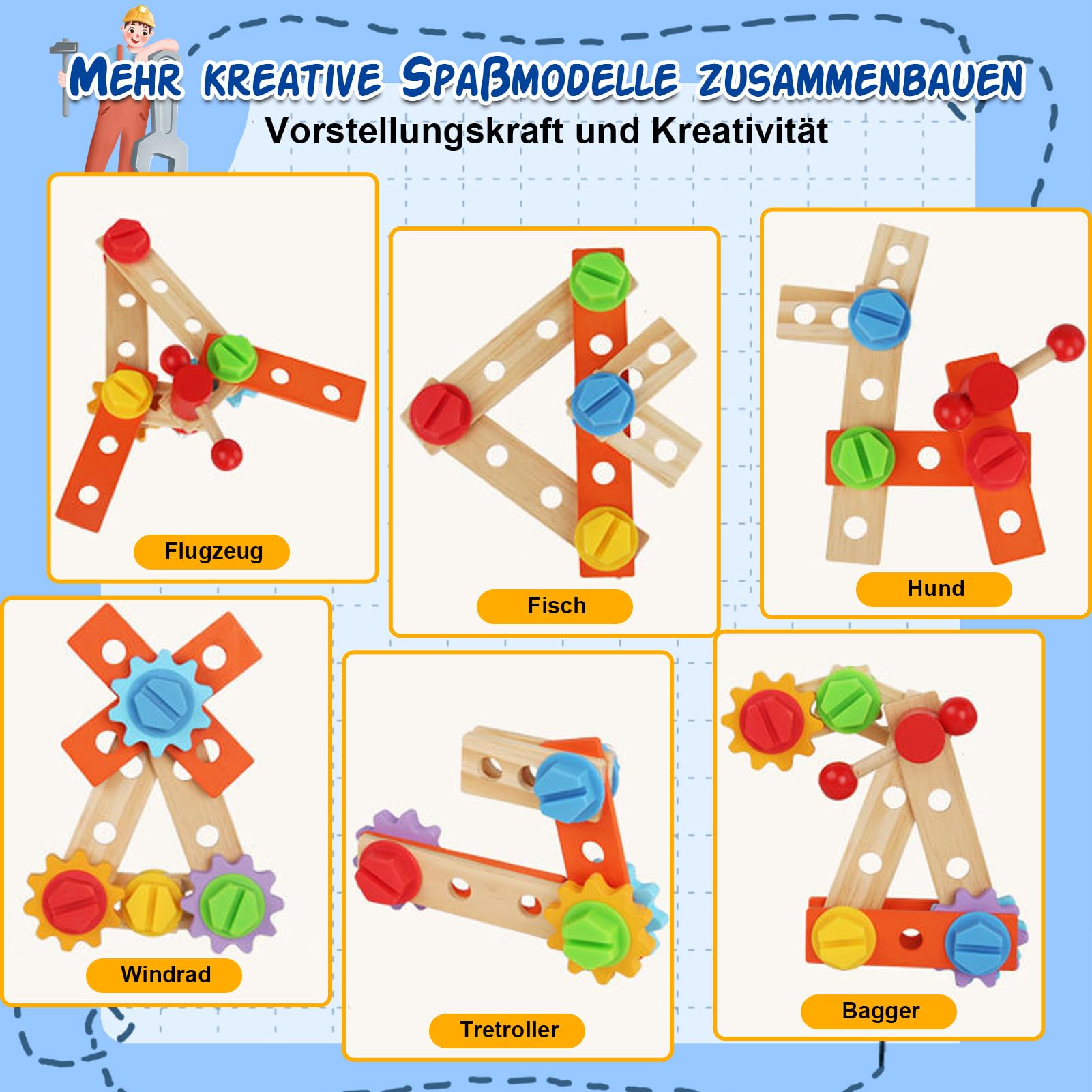 Nauotk Werkzeugkoffer Kinder Werkbank, Montessori Werkzeug Holzspielzeug Spielzeug ab 2 3 4 Jahre, Kinderwerkzeug Werkzeugwagen, Werkzeuggürtel Koffer Lernspiele Geschenk Junge Mädchen ab 3 Jahren 5