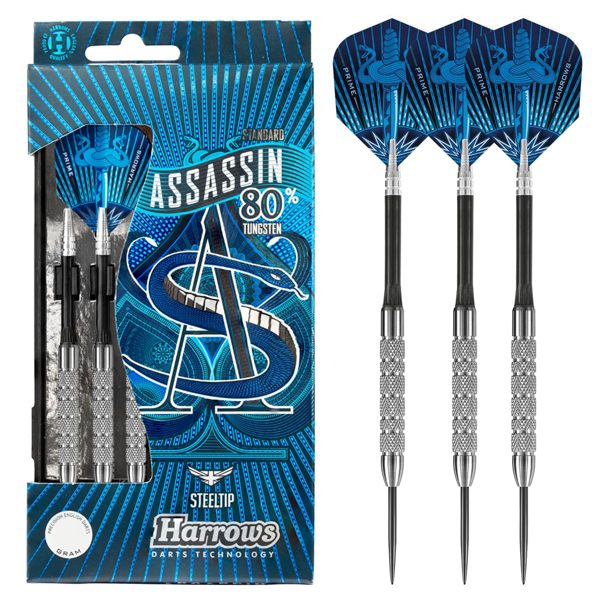 Harrows Assassin Tungsten Pro Darts | Steel Tip Darts set with carry case | All Weights| Includes Nylon Shafts, 100 Micron Prime Flights and Travel Case (22gr)