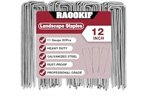 RAOOKIF 12 Inch Galvanized Garden Landscape Staples, 20/50/100/200Pcs Garden Metal Stakes, 11 Gauge Heavy Duty Ground Stakes for Decoration, Fence and Lawn Use, Fabric Pins (50, 12 Inch)
