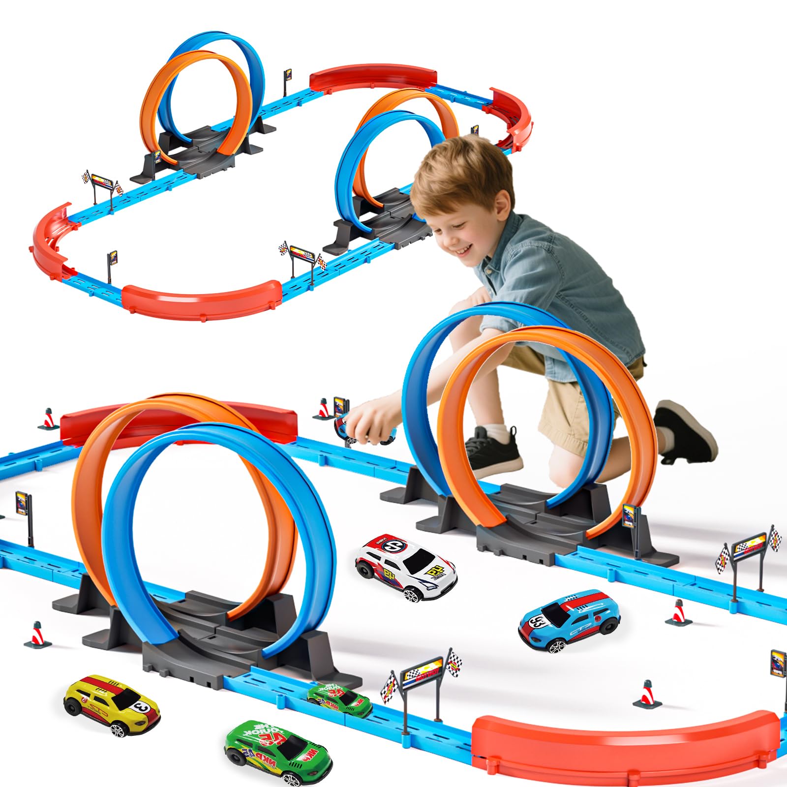 Photo 1 of Car Race Track Set for Kids 3 4 5 6 7 8 9 Years Old?Racing Game car Toys?Boys Toy Girls 6-12?72PC DIY 34 ft Track with 4 Small Cars, Gifts for Kids 3-5