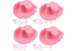 Rcanedny 4 Pieces Cowboy Hat with 4 Pairs Heart Shaped Sunglasses Cowgirl Hats for Girls Women Halloween Costume Party