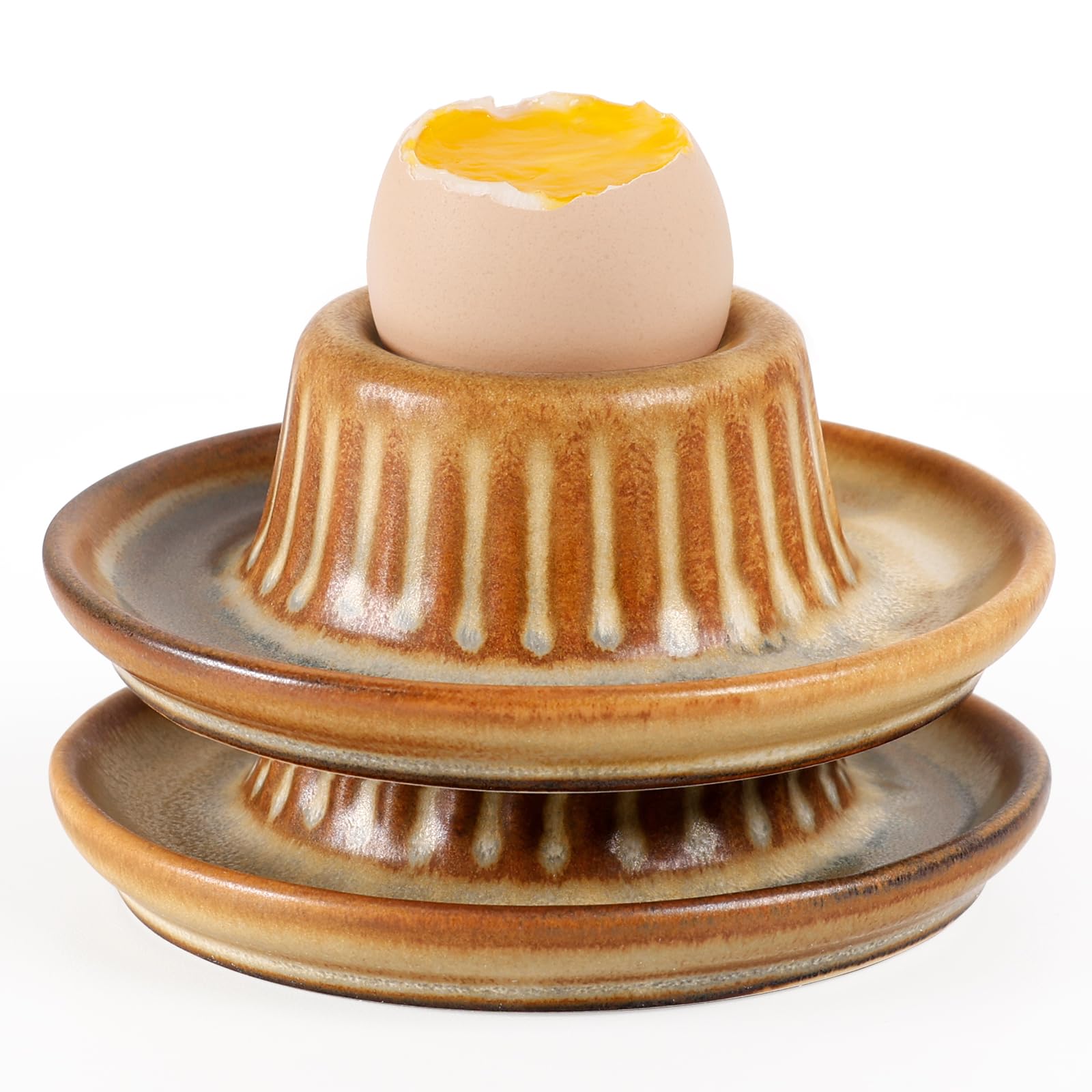 Photo 1 of INGOFIN 2 Pcs Ceramic Egg Cups, Soft Boiled Egg Holders Set, Classic Porcelain Stackable, Easy to Clean Tray, Decorative Serving Dish for Breakfast, Easter or Kitchen, Brown
