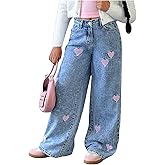 WDIRARA Girl's Heart Embroidered Y2k Denim Pants Elastic High Waist Wide Leg Jeans with Pockets