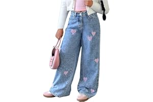 WDIRARA Girl's Heart Embroidered Y2k Denim Pants Elastic High Waist Wide Leg Jeans with Pockets