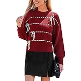 CUPSHE Women’s Knit Sweater Crew Neck Long Sleeve Pullover Contrast Stitching Bow Tie Fall Winter Casual