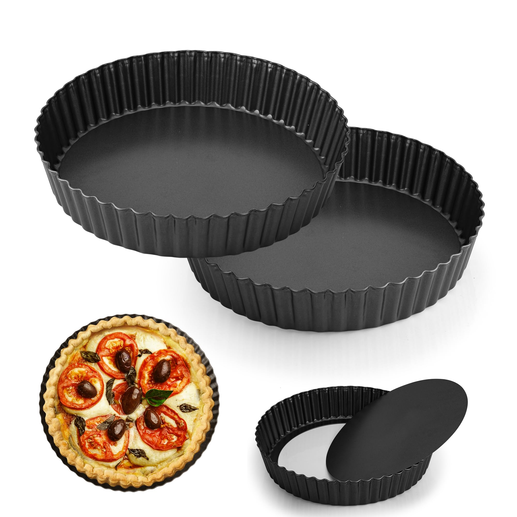 YKUKIZEE 2 Pack 5 cm Deep Quiche Tins with Loose Base 24 cm, Non-Stick Fluted Flan Dish with Removable Loose Bottom, 9 inch Round Quiche Dishes for Oven Baking Pie Tart