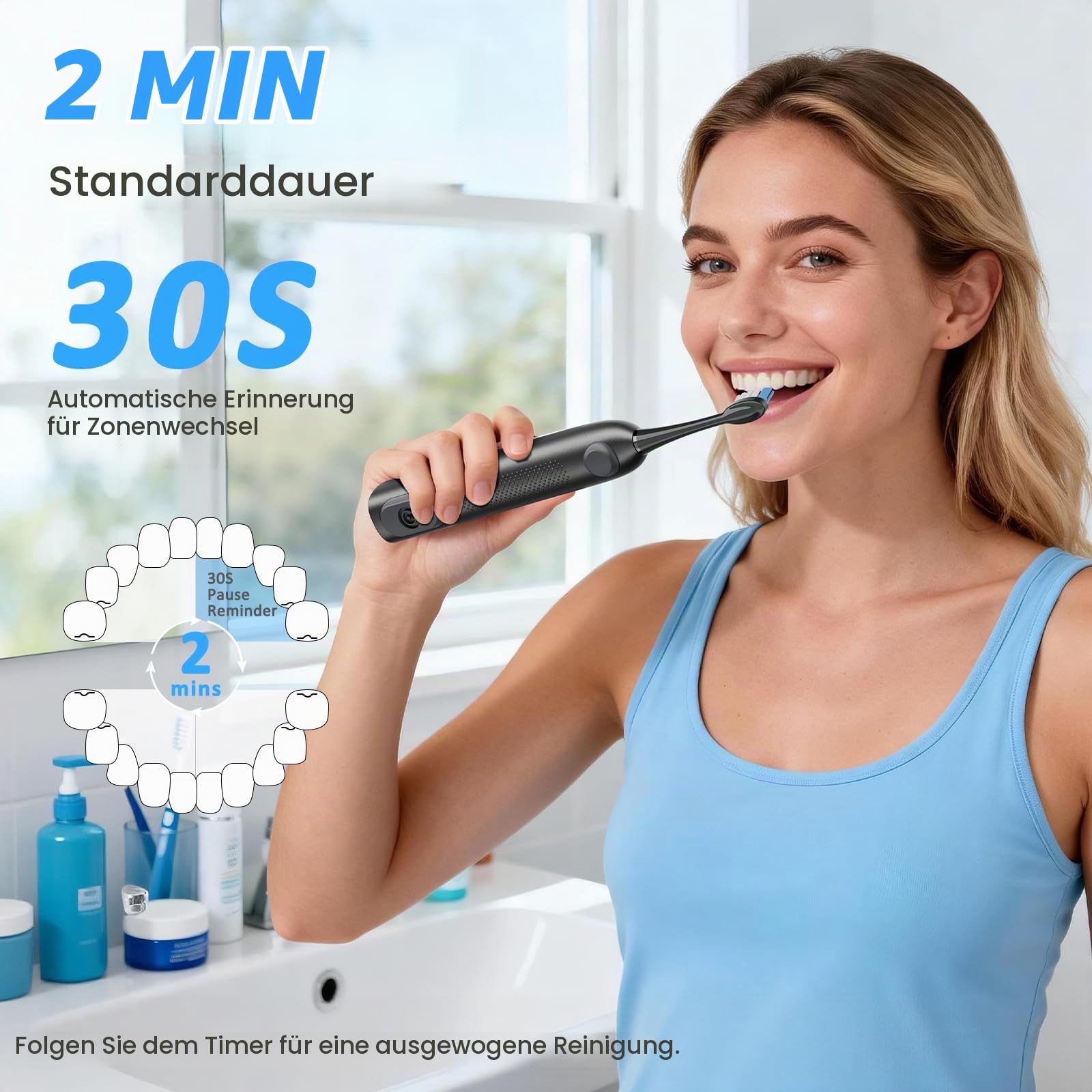 Marchpower 3-in-1 Elektrische Zahnbürste mit Munddusche, Oszillation, Vibration & Wasserflosser, 3+4 Modi, Profi-Schallzahnbürste mit 155ml Magnet-Wassertank, IPX7 Kombigerät 2 Bürstenköpfe, Spacegrau 8