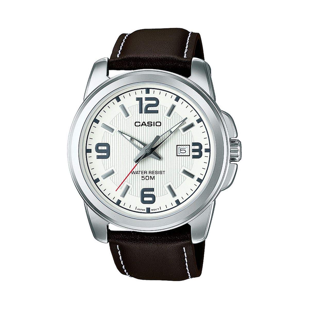 Casio Gents 43.00mm Quartz Watch with White Analogue dial and Brown Leather Strap Strap MTP-1314PL-7AVEF