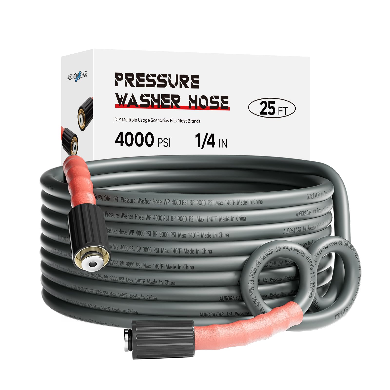Photo 1 of AURORA CAR Pressure Washer Hose 25FT 1/4", Kink Resistant Power Washer Hose Compatible with M22 Fittings, Replacement For Most Brand Pressure Washers, 4000 PSI, Grey