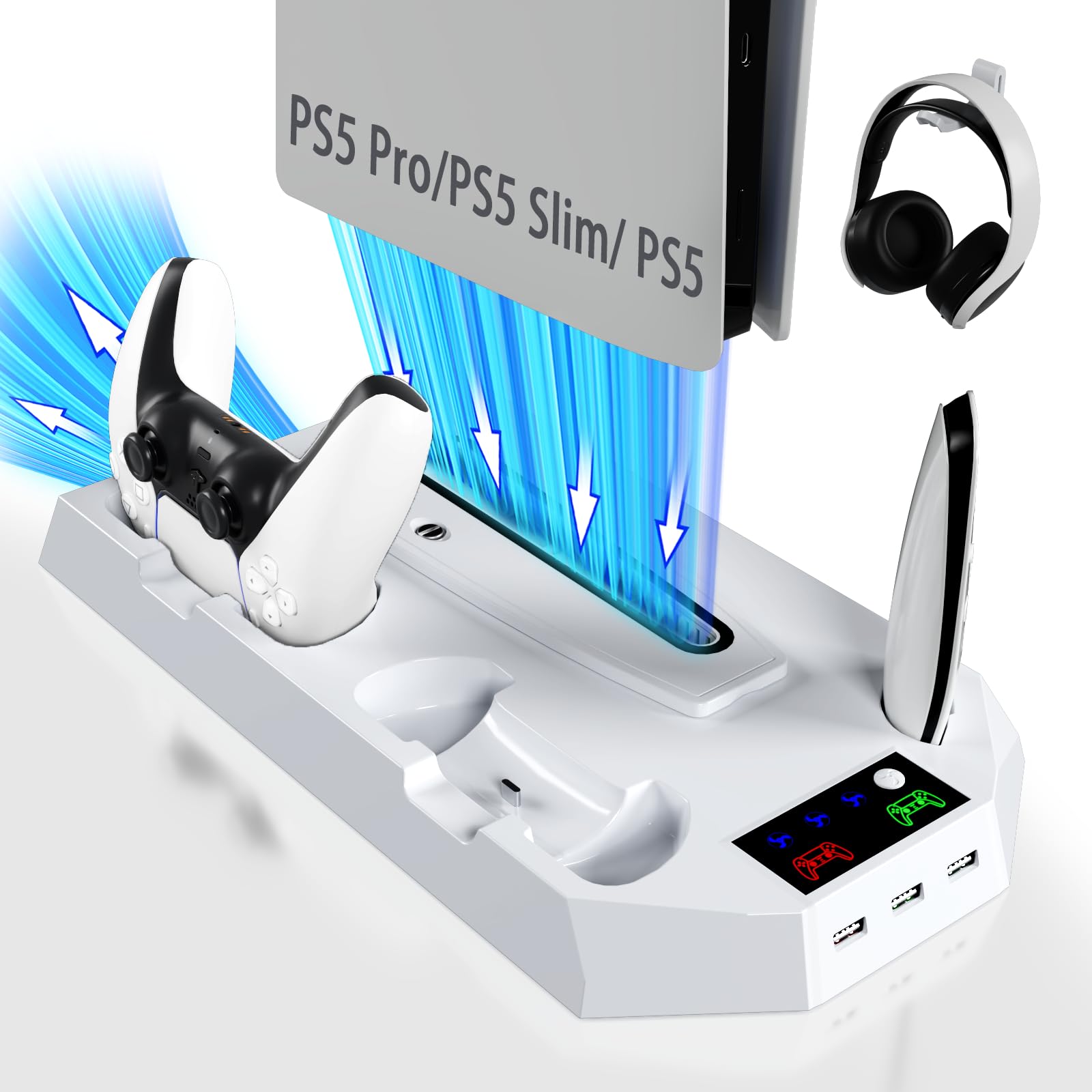PS5/Slim/Pro Cooling Station for PlayStation 5 Console,PS5 Cooler Fan with Dual PS5 Controller Charger Incl. 3 Level Fans,Headset,3 USB Hubs,PS5/Slim/Pro Stand for PlayStation 5 Console Accessories