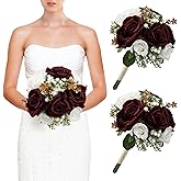 DIYDOFUN Wedding Bridesmaid Bouquets Set of 2, Artificial Silk Flowers Arrangement for Ceremony Marriage Proposal Party Anniversary Decorations - Burgundy & Gold & White